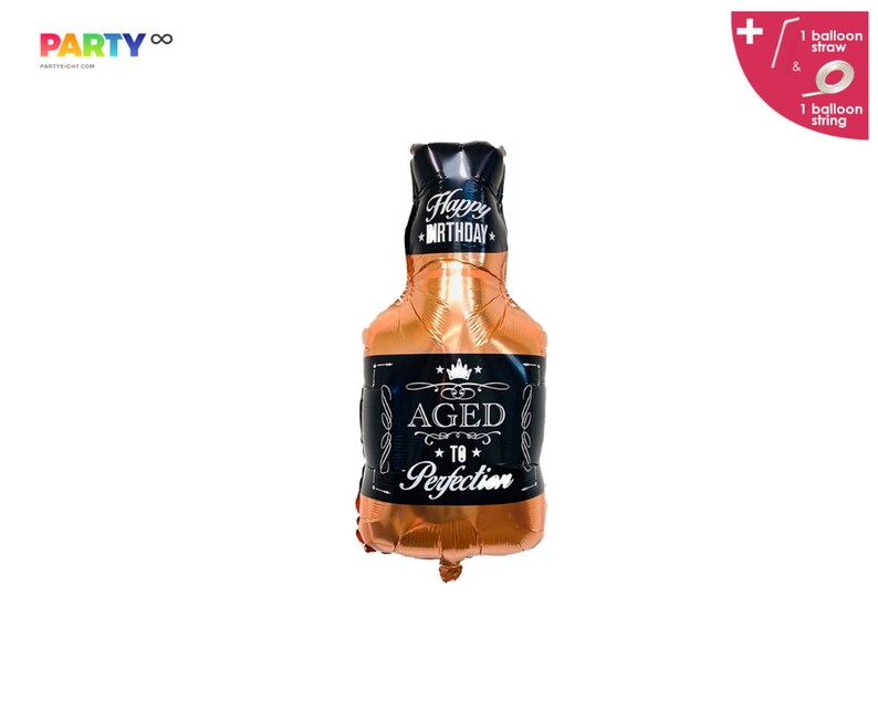 May include: A rose gold foil balloon in the shape of a whiskey bottle. The balloon features black labels with the text "Happy Birthday" and "Aged to Perfection". Includes a balloon straw and string.