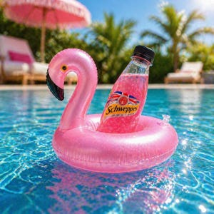 Puede incluir: Un flotador inflable de flamenco rosa con un refresco Schweppes en una piscina azul. El flamenco tiene un pico negro y está frente a un fondo borroso de una sombrilla rosa y tumbonas.