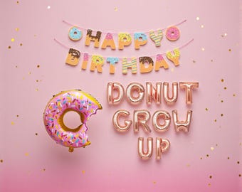 Donut Grow Up Balloons and Banner: Donut Themed Happy Birthday Party Decor