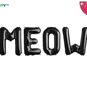 May include: Black foil balloons spelling out the word "MEOW". The balloons are inflated and arranged horizontally against a white background. The upper left corner has the text "PARTY" and "PARTYRIGHT.COM". A small graphic in the upper right corner shows a balloon straw and string.