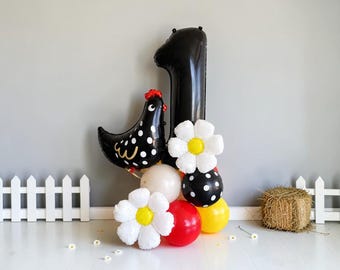 This Chick Is One Chicken Balloon Tower: Easter Farm First Birthday Party Decor Set