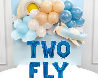 May include: A blue and white birthday party decoration with the words "TWO FLY" in blue foil balloons. The background features a light blue backdrop with a rainbow, clouds, and balloons in various colors, including peach, white, and blue. A toy airplane is also included.