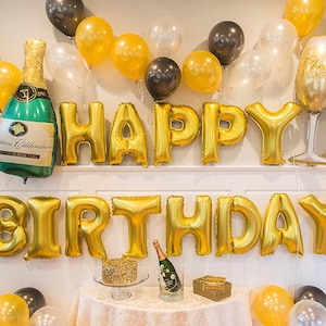 Gold Happy Birthday Decoration w/ Champagne Balloon Set  | Gold and Black Themed Birthday Party Decorations | Fancy Birthday Party Ideas