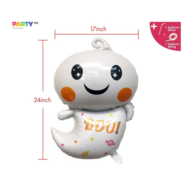 May include: White ghost-shaped Halloween balloon with a smiling face, orange cheeks, and the word "BOO!" in orange. The balloon is 24 inches tall and 17 inches wide. Includes a balloon straw and string.