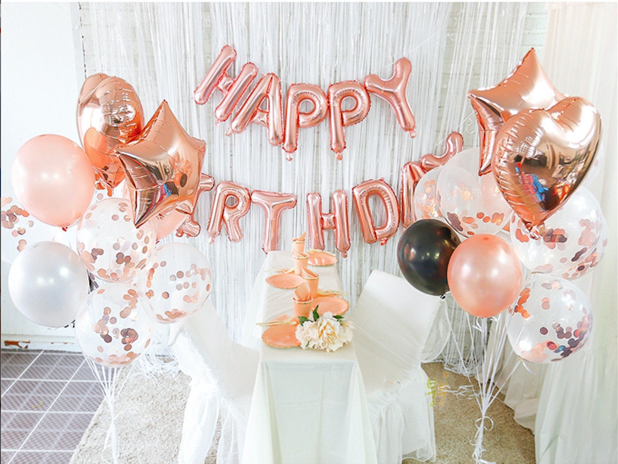 Rose Gold Birthday Party Decoration, Happy Birthday Banner, Rose