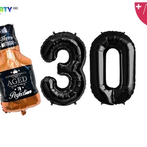May include: A collection of black number 30 balloons and a whiskey bottle-shaped balloon. The whiskey bottle balloon is gold and black with the text "Happy Birthday" and "Aged to Perfection". Includes a balloon straw and string.