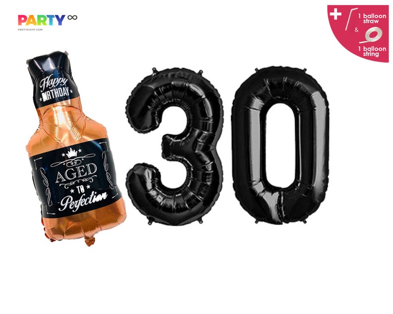 May include: A collection of black number 30 balloons and a whiskey bottle-shaped balloon. The whiskey bottle balloon is gold and black with the text "Happy Birthday" and "Aged to Perfection". Includes a balloon straw and string.