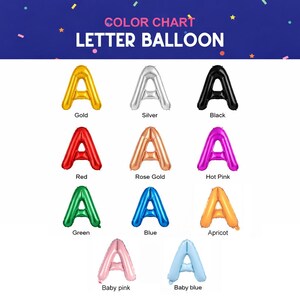 Op de afbeelding: Een kleurenkaart met letterballonnen in verschillende kleuren, waaronder goud, zilver, zwart, rood, ros&eacute;goud, felroze, groen, blauw, abrikoos, babyroze en babyblauw. De tekst "COLOR CHART LETTER BALLOON" staat bovenaan.