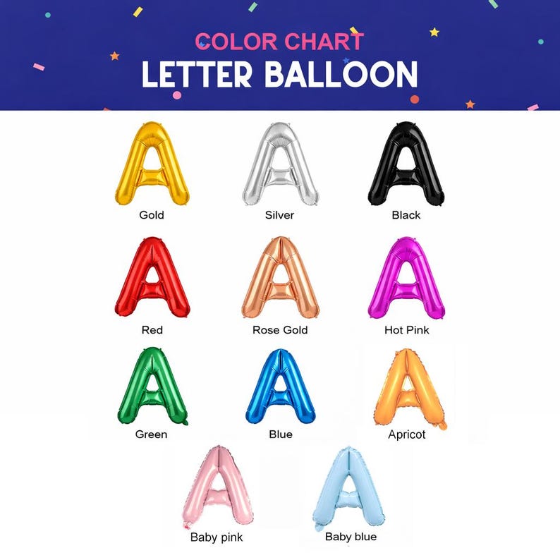 Op de afbeelding: Een kleurenkaart met letterballonnen in verschillende kleuren, waaronder goud, zilver, zwart, rood, ros&eacute;goud, felroze, groen, blauw, abrikoos, babyroze en babyblauw. De tekst "COLOR CHART LETTER BALLOON" staat bovenaan.