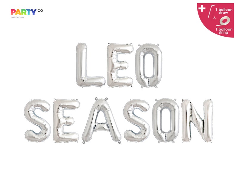 May include: Silver foil balloons spelling out "LEO SEASON" against a white background. The balloons are inflated and arranged in two rows. The top row spells "LEO" and the bottom row spells "SEASON". Includes a balloon straw and string.