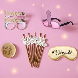 Bachelorette Party Favors Set: Sleep Mask, Straws & Team Bride Button Pins