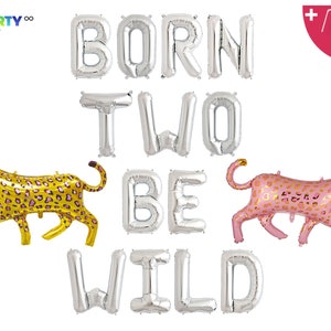 K&ouml;nnte beinhalten: Silberne Folienballons mit der Aufschrift "BORN TWO BE WILD" mit einem goldenen und rosa Leopardenballon. Enth&auml;lt einen Ballonstrohhalm und eine Schnur. Partydekoration f&uuml;r eine Geburtstagsfeier.