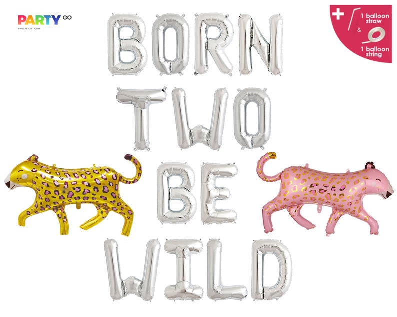 K&ouml;nnte beinhalten: Silberne Folienballons mit der Aufschrift "BORN TWO BE WILD" mit einem goldenen und rosa Leopardenballon. Enth&auml;lt einen Ballonstrohhalm und eine Schnur. Partydekoration f&uuml;r eine Geburtstagsfeier.