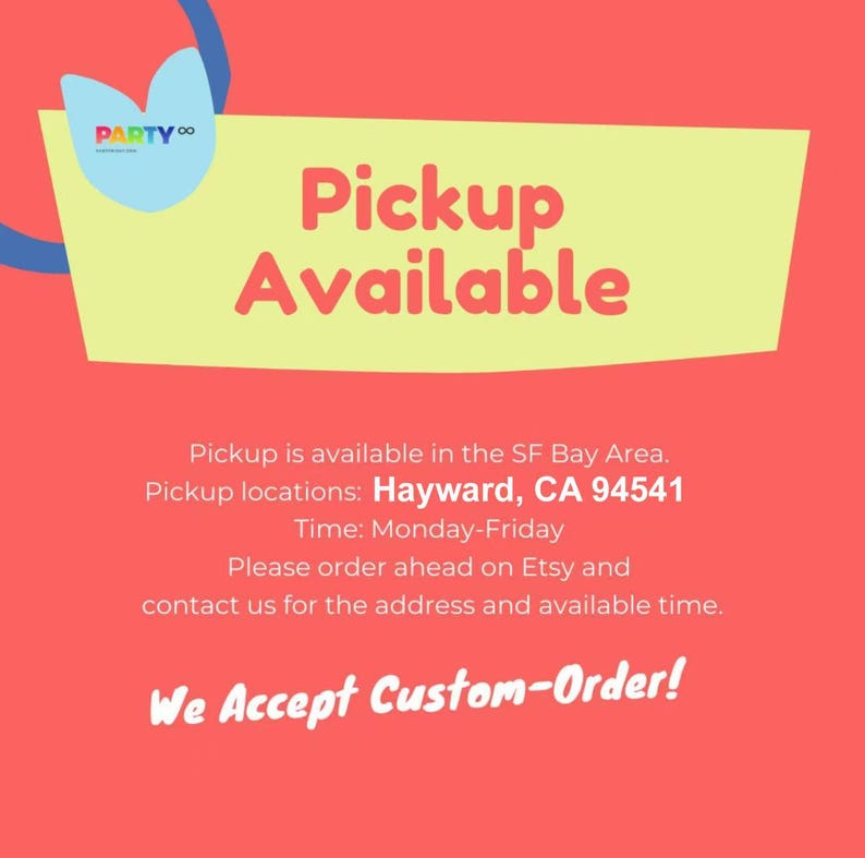 May include: A red background with a yellow banner that reads "Pickup Available" in large, red letters. The image also includes the text "We Accept Custom-Order!" and information about pickup locations and times.