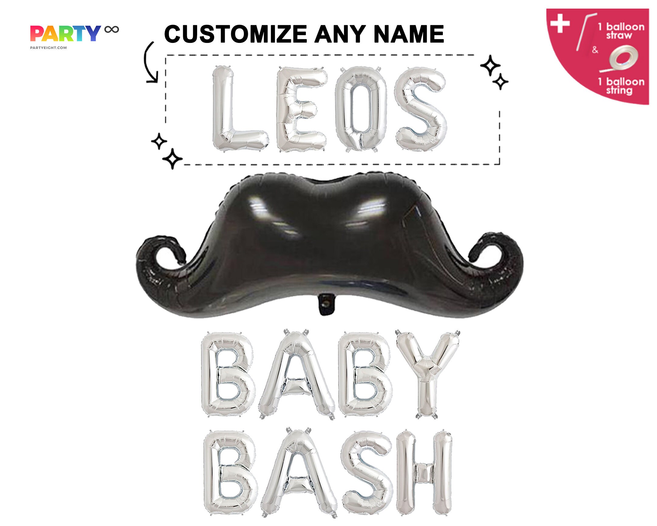Baby Bash Custom Name Balloon Banner With Mustache Balloon Etsy 日本