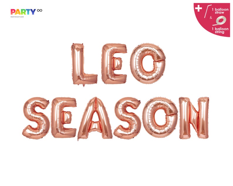May include: Rose gold foil balloons spelling out "LEO SEASON" against a white background. The balloons are inflated and ready for a party. Includes a balloon straw and string. PartyEight.com logo in the top left corner.