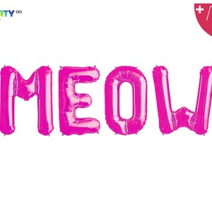 May include: Pink foil balloon letters spelling "MEOW" against a white background. The balloons are inflated and have a shiny finish. The image also includes a balloon straw and string.