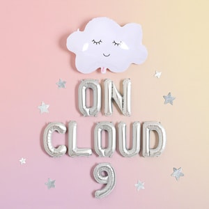 On Cloud 9 Balloon Banner: Silver Cloud 9th Birthday Party Celebration Decor