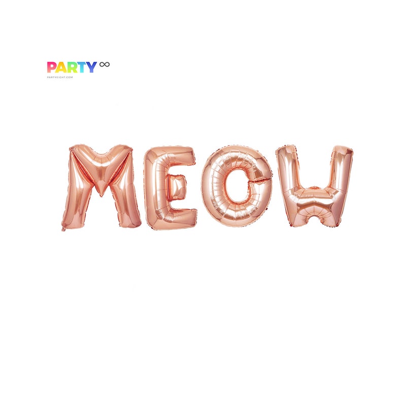 May include: Rose gold foil balloons spelling out the word "MEOW". The balloons are inflated and have a metallic sheen. The image is set against a white background. The Party&infin; logo is in the top left corner.
