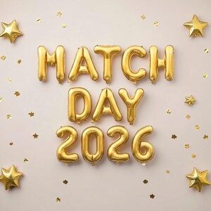 May include: Gold foil balloons spell out "MATCH DAY 2026" on a light beige background, with gold star-shaped confetti and star balloons scattered around. The balloons are inflated and shiny.