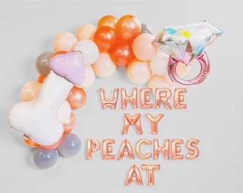 Georgia Bachelorette Party Balloon Set: Rose Gold Peaches Banner, Ring Balloon