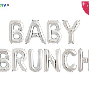 May include: Silver foil balloons spelling out "BABY BRUNCH" for a baby shower. The balloons are inflated and arranged in two rows. Includes a balloon straw and string. The Party Eight logo is in the top left corner.