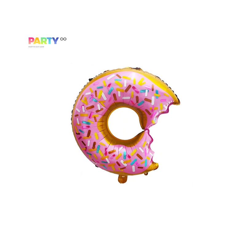 May include: A pink donut-shaped balloon with colourful sprinkles and a bite taken out of it. The balloon has a gold-coloured inner ring and a gold-coloured top edge. The text "PARTY &infin;" is in the upper left corner.