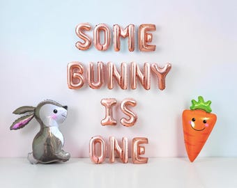 Un conejito tiene un año: pancarta de globos de cumpleaños: decoración para la fiesta del primer cumpleaños con temática de Pascua.