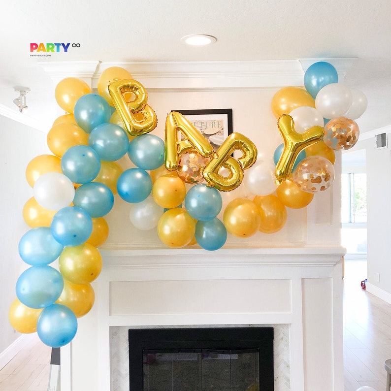 Baby shower Balloon Garlands Kit in Blue White and Gold  image 0