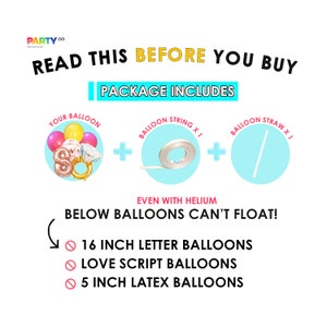 Op de afbeelding: Een afbeelding met de tekst 'LEES DIT VOORDAT U KOOPT'. Het toont een ballonnenset met een touwtje en een rietje. De tekst luidt ook 'PAKKET BEVAT'. De afbeelding toont ook ballonnen die niet met helium zweven, waaronder 40 cm letterballonnen.