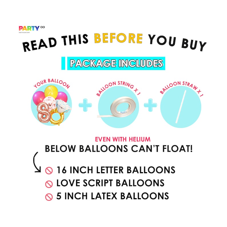 Op de afbeelding: Een afbeelding met de tekst 'LEES DIT VOORDAT U KOOPT'. Het toont een ballonnenset met een touwtje en een rietje. De tekst luidt ook 'PAKKET BEVAT'. De afbeelding toont ook ballonnen die niet met helium zweven, waaronder 40 cm letterballonnen.