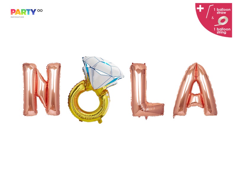 May include: Rose gold foil balloons spelling "HOLA" with a diamond ring balloon. The ring is gold with a white and blue diamond. Includes a balloon straw and string. PartyEight.com logo in the top left corner.