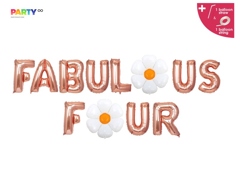 Op de afbeelding: Ros&eacute;gouden folieballonnen met de tekst "FABULOUS FOUR" met twee witte madeliefvormige ballonnen met oranje centra. Inclusief ballonzakje en touw. Feestdecoratie.