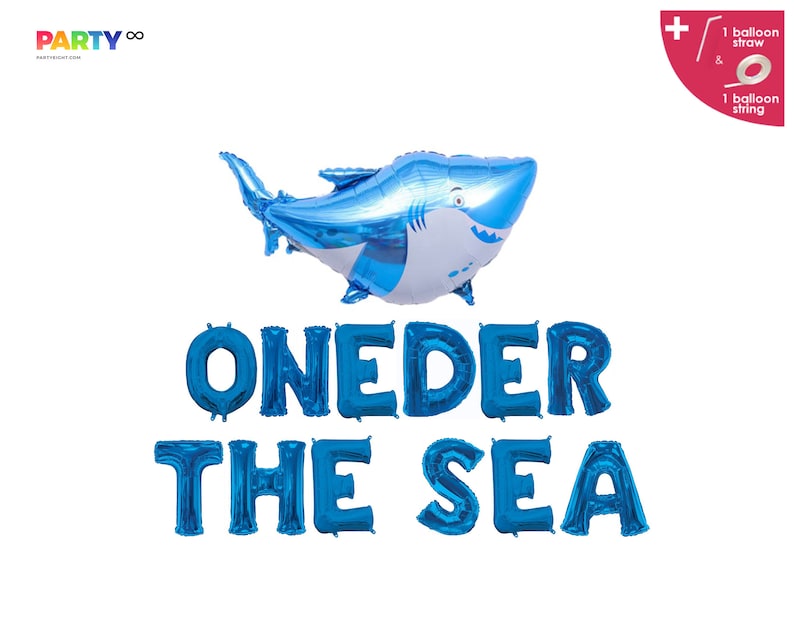 May include: A blue shark-shaped balloon and blue foil letter balloons spelling "ONEDER THE SEA" against a white background. The shark balloon has white accents and a smiling face. PartyEight.com logo is in the top left corner.