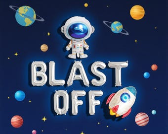 Blast off Balloon Banner: Astronaut Rocket To The Moon Party Decorations for Birthday or Bach