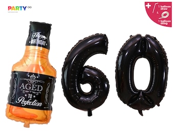 60th Birthday Thirty Birthday Decorations | 60th Black themed Birthday decor 60th Birthday party decor | Whiskey Bottle Balloon