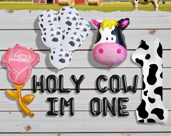 Conjunto de globos para el primer cumpleaños de "Santo cielo, soy una vaca": Fiesta de animales, temática de granja y granero