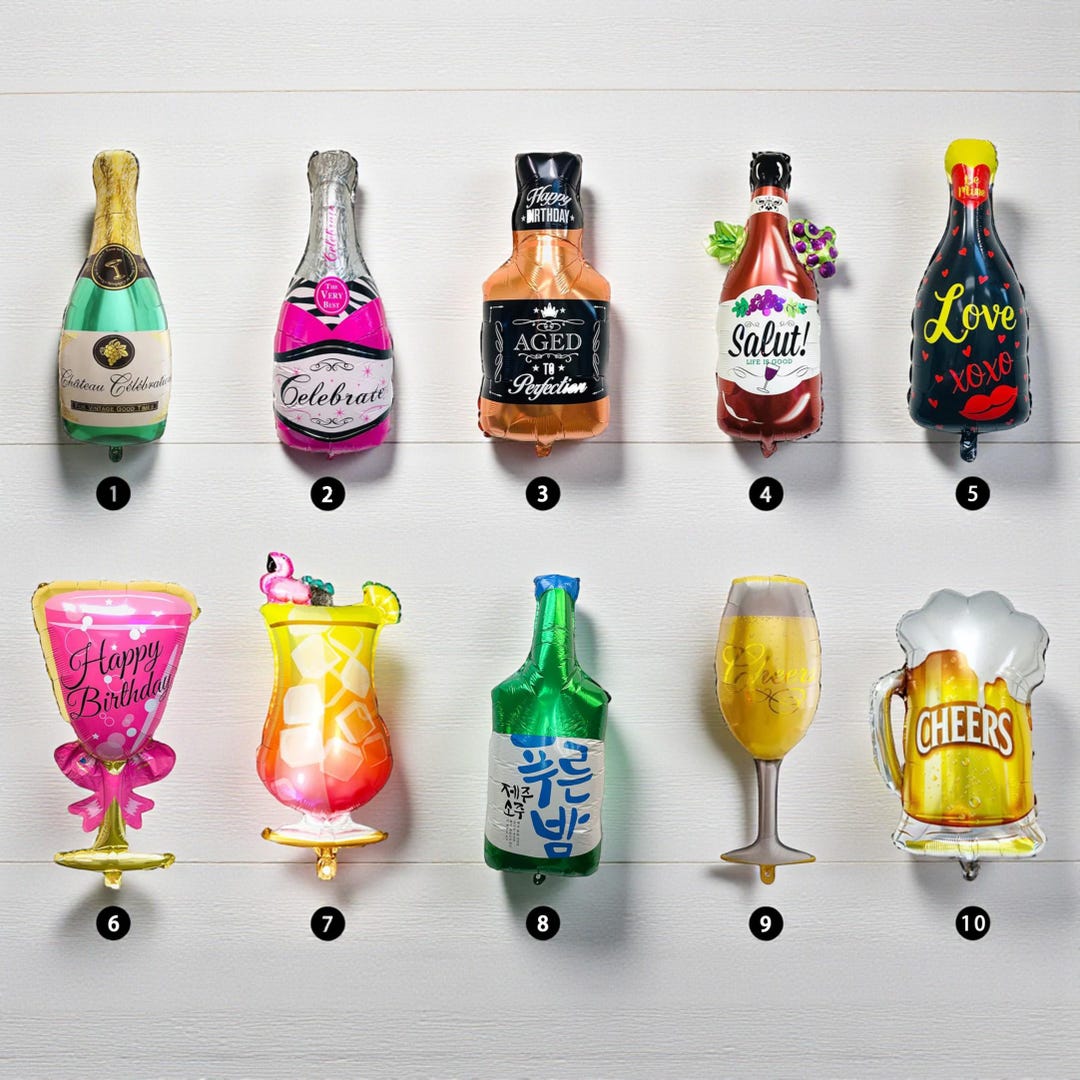 パーティーバルーンデコレーション：シャンパンボトル、グラス、ワイン、ウイスキー、カクテル、ビール、日本酒のバルーンで21歳、30歳の誕生日、独身パーティーを華やかに演出  - Etsy 日本, image size:1080x1080