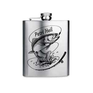 Edelstahl Flachmann mit Gravur | Petri Heil | Fischergeschenke | Geschenke für Angler | Fischer Geschenk | Schnaps Flachmann |