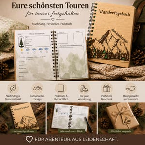 Puede incluir: Un diario de madera con las palabras "Wandertagebuch" y "Meine Wanderungen" grabadas en la portada, con un diseño de montaña y árboles. El diario abierto muestra páginas para registrar caminatas, con espacio para fotos y recuerdos.
