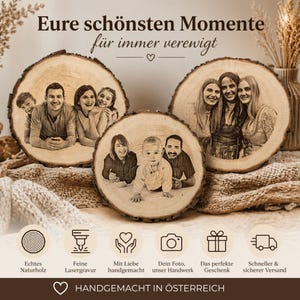Op de afbeelding: Ronde houten schijven met gegraveerde familiefoto's. De tekst "Eure schönsten Momente für immer verewigt" staat bovenaan. De onderkant van de afbeelding bevat pictogrammen en de tekst "Handgemacht in Österreich".