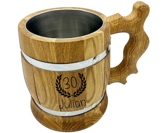 Chope à bière rustique en bois de chêne avec insert en acier inoxydable 0,5 litre - chope en bois avec gravure | Chopes à bière en bois | Cadeau de bière | Anniversaire