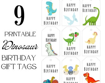 Happy birthday Geschenkanhänger zum Ausdrucken, 9 Geburtstag Tags - Geburtstagsgeschenk, Geburtstagsparty Anhänger, Happy Birthday, Sofort download Dinosaurier
