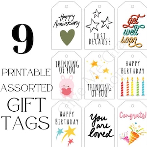 Afdrukbaar assortiment cadeaukaartjes, verjaardag, jubileum, ik denk aan je, gefeliciteerd, je bent geliefd, gewoon omdat, 9 verschillende digitale printtags