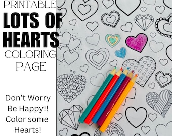 Hearts Printable Coloring Page, Cute hearts coloring page, Digital Download, Fun Coloring Hearts coloring Valentines Digital coloring