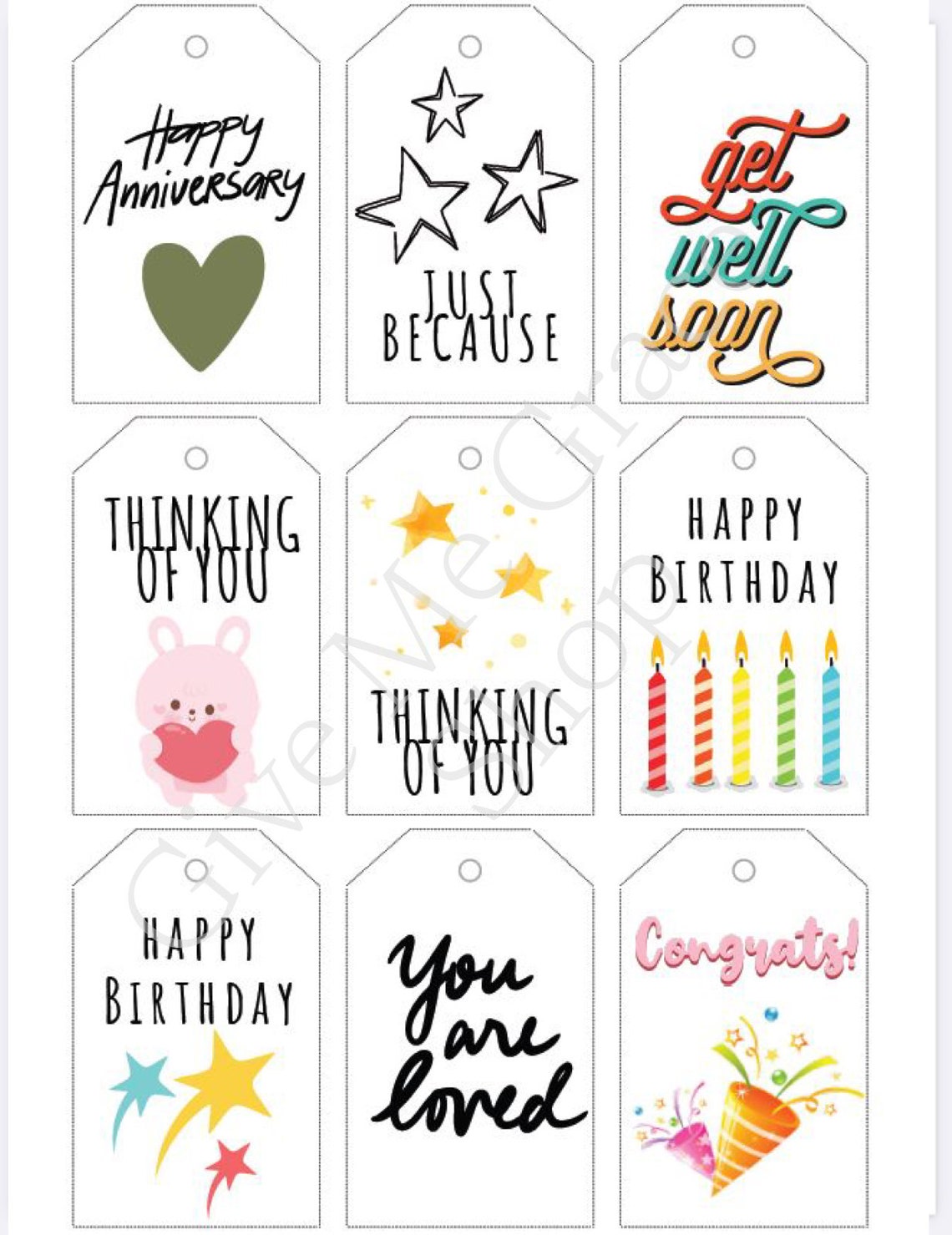 Printable Assortment Gift Tags, Birthday, Anniversary, Thinking of You