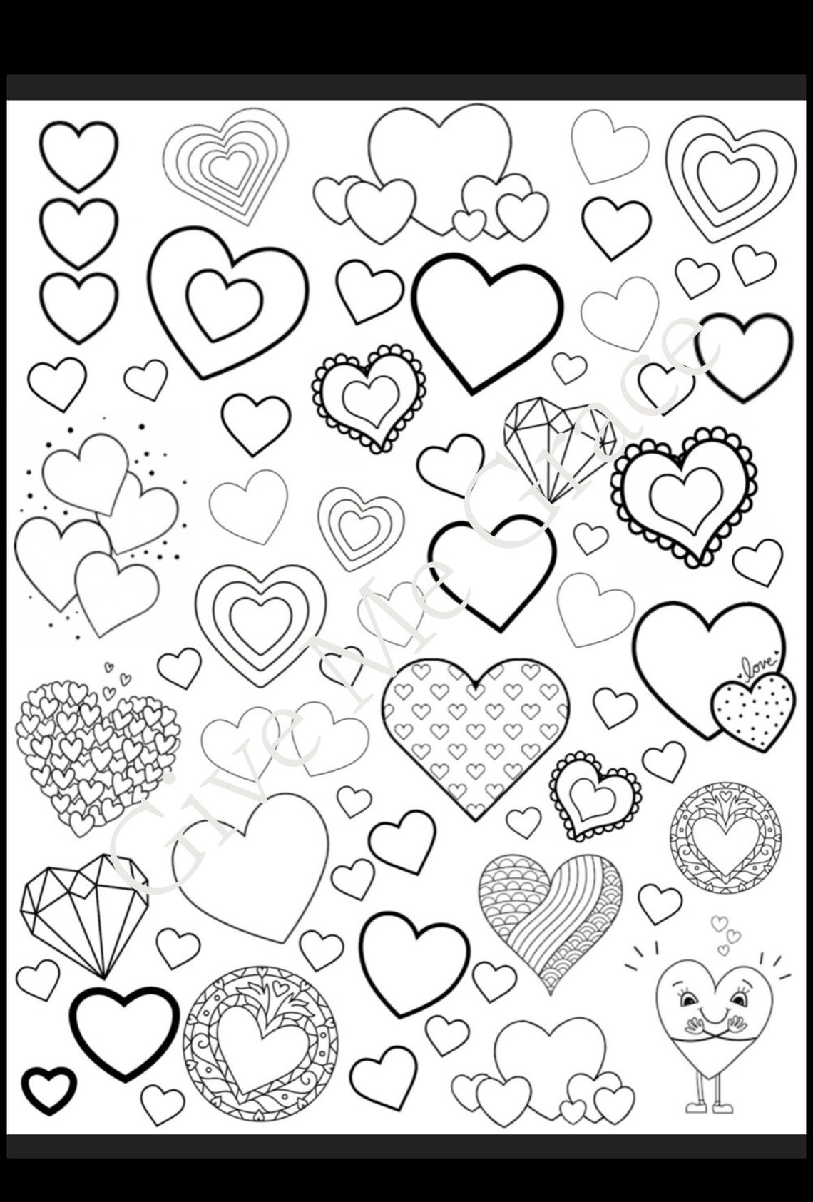 Hearts Printable Coloring Page, Cute Hearts Coloring Page, Digital ...