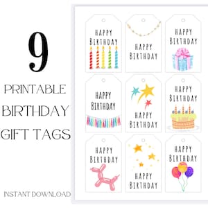 Etiquetas para presente de feliz aniversário para impressão, etiquetas de 9 aniversários - etiqueta de presente de aniversário, etiqueta de festa de aniversário, feliz aniversário, download instantâneo de bolo de aniversário