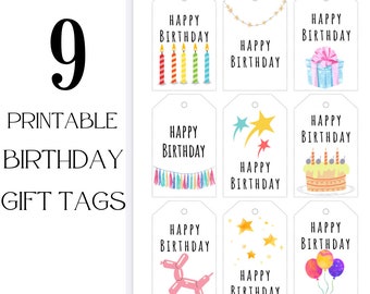 Printable Happy birthday gift tags, 9 birthday tags - gift birthday tag, Birthday Party tag, Happy Birthday, Instant download Birthday Cake
