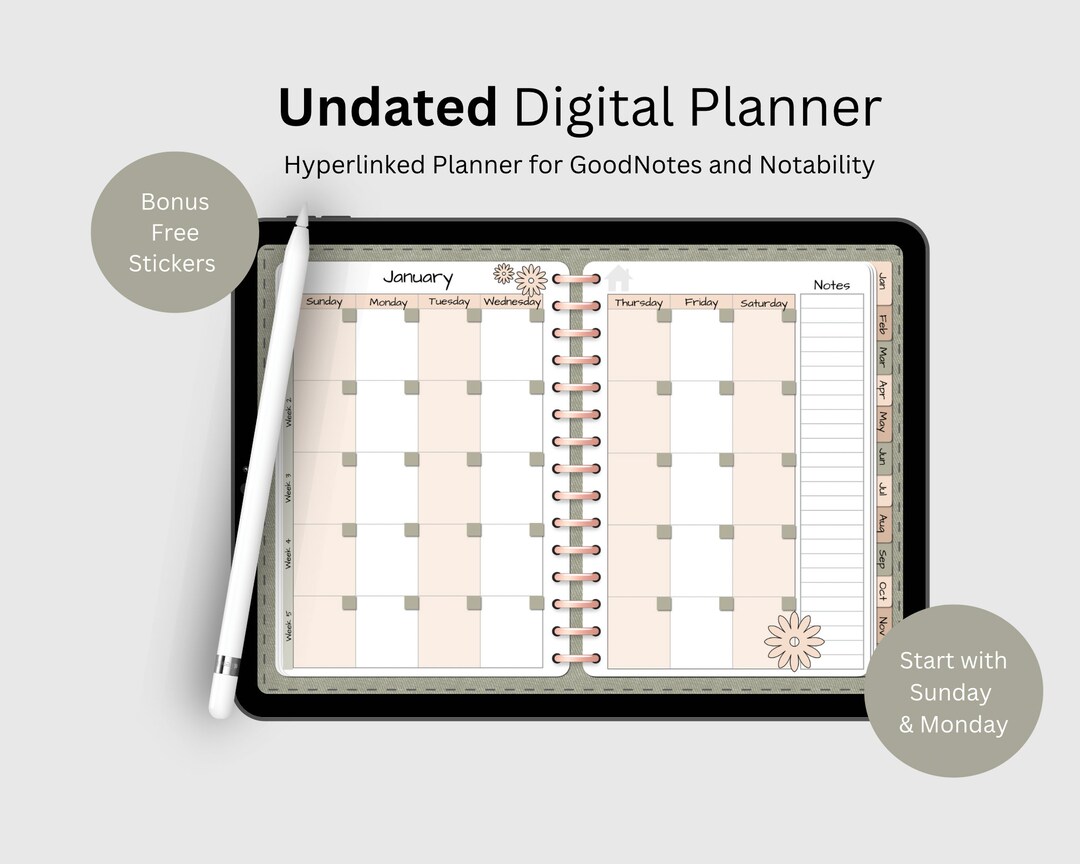 Undated Green and Pink Digital Planner, Goodnotes Planner, Notability ...